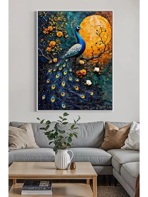 Artan Gallery Tavus Kuşu Italyan Kadife Tablo 40 mm Kalın Çerçeveli Yağlı Boya Görünümlü