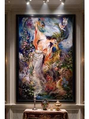 Artan Gallery Mahmoud Farshchian Ceylan ve Kadın Italyan Kadife Tablo 40 mm Kalın Çerçeveli