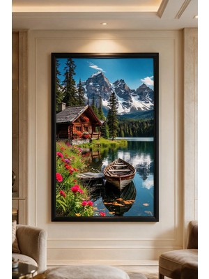 Artan Gallery Dağ Göl Manzarası Italyan Kadife Tablo 40 mm Kalın Çerçeveli Yağlı Boya Görünümlü