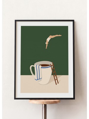 Pena Tablo Sürrealist Kahve Fincanı Tablosu Siyah Çerçeveli - Minimalist Kafe ve Mutfak Duvar Dekoru - Kafe Tabloları, Mutfak Tabloları