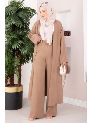 ZMR Bağcıklı Uzun Kimono Pantolon Takım Vizon