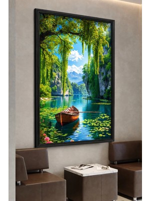 Artan Gallery Göl ve Kayık Doğa Manzarası Italyan Kadife Tablo 40 mm Kalın Çerçeveli