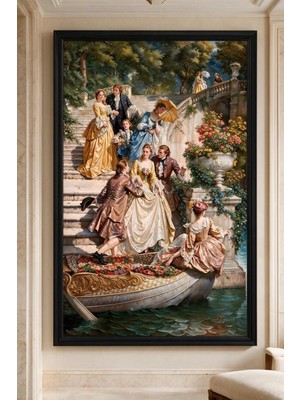 Artan Gallery Fransız Rokoko Saray Bahçesi Italyan Kadife Tablo 40 mm Kalın Çerçeveli Yağlı Boya Görünümlü