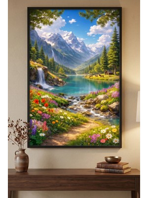 Artan Gallery Dağ Göl Şelale Doğa Manzarası Italyan Kadife Tablo 40 mm Kalın Çerçeveli