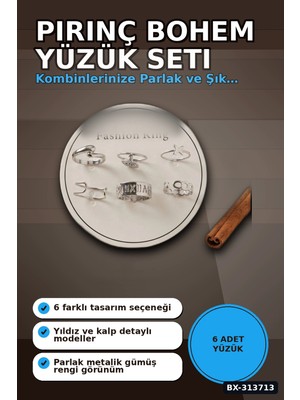 Sepetopia Pirinç Bohem Detaylı 6 Adet Yüzük Seti - Gümüş Rengi, 7-8 Numara, Bijuteri Aksesuar BX-313713