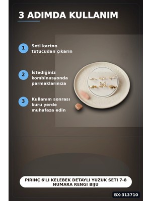 Beruflic Pirinç 6'li Kelebek Detayli Yuzuk Seti 7-8 Numara Rengi Bijuteri BX-313710