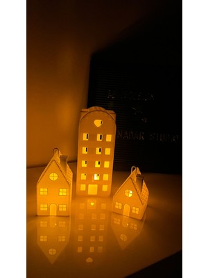 Nadar Studio Kış Evi Tealight Mumluk  3 Parça Ev / Tealight Hediyeli