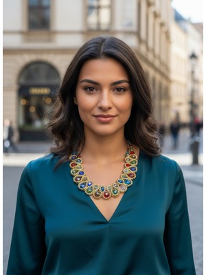 Moda Accessories Gold Zincir Detaylı Renkli Kristal Taşlı Statement Kolye – Çok Renkli Şık Abiye & Kombin Kadın Kolye