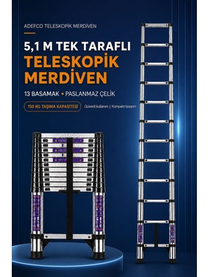 Adefco 13 Basamak 5.1 Metre Paslanmaz Çelik Teleskopik Merdiven Katlanabilir Uzayan  Merdiven