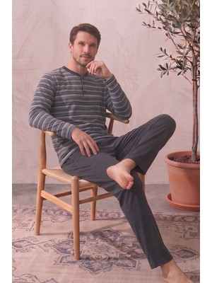 Farya Home Pamuklu Düğmeli Yaka Uzun Kollu Çizgili Erkek Pijama Takımı