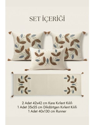 Destiva Home Punch Nakışlı Papatya Desenli Kırlent Runner Seti 2 Kare 1 Dikdörtgen Kırlent 1 Runner Dekoratif Set