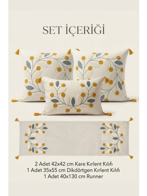 Destiva Home Punch Nakışlı Papatya Desenli Kırlent Runner Seti 2 Kare 1 Dikdörtgen Kırlent 1 Runner Dekoratif Set