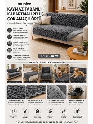 Munico 3 Adet Modern Lüks Peluş Koltuk Şalı Kaydırmaz Kanepe Koruyucu Çok Amaçlı Kaymaz Peluş Koltuk Örtü