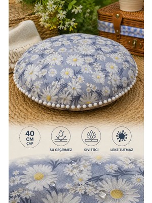 Rona Home 40 cm Yuvarlak Minder Papatya Desenli Su Geçirmez Sıvı Itici Leke Tutmaz Ev Balkon Bahçe Dekoru