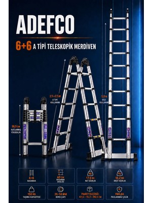 Adefco 6+6 Basamak Paslanmaz Çelik Teleskopik Merdiven 5 Metre A Tipi Katlanabilir Uzayan Merdiven
