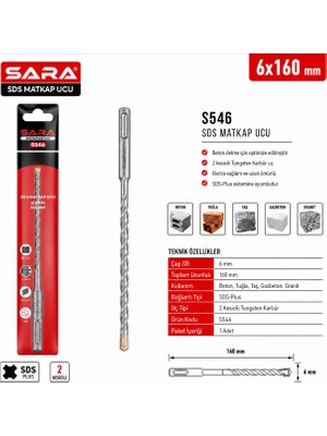 Sara S-546 Sds Plus Matkap Ucu – 6 x 160 Mm, 2 Kesicili, Tungsten Karbür Uçlu