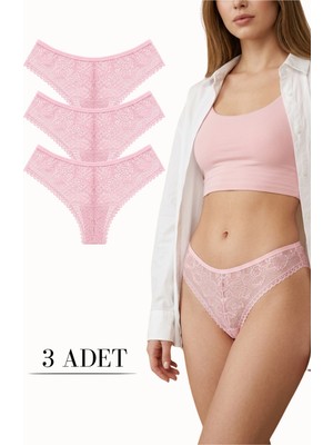 Libella İç Giyim Kadın Önü Arkası Dantelli Brazilian Külot Likralı Pembe 3'lü Paket