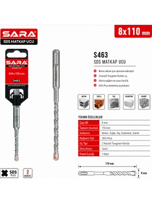 Sara S463 Sds Plus Matkap Ucu – 8 x 110 Mm, 2 Kesicili Tungsten Karbür Uçlu