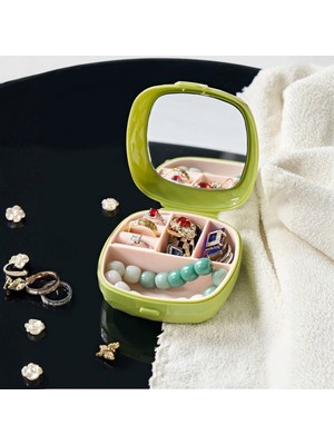 Bak Gel Al Elmas Kesim Aynalı Mini Takı Kutusu – Premium 4 Bölmeli Seyahat Organizer - Yeşil