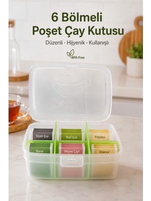 Calvera 6 Bölmeli Poşet Çay Kutusu – Bpa Free Kapaklı Çay Organizeri ve Mutfak Düzenleyici