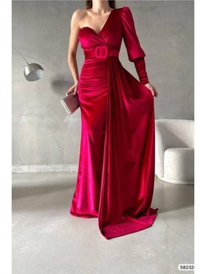 Lior Design Kadın Ince Kadife Kumaş Tek Omuz Kemerli Maxi Abiye Elbise