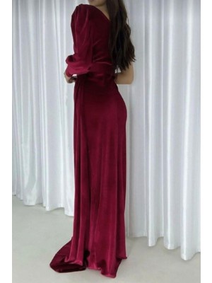 Lior Design Kadın Ince Kadife Kumaş Tek Omuz Kemerli Maxi Abiye Elbise