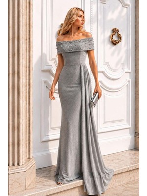 Lior Design Kadın Şık Model Degaje Yaka Dekolteli Maxi Uzun Kollu Abiye Elbise