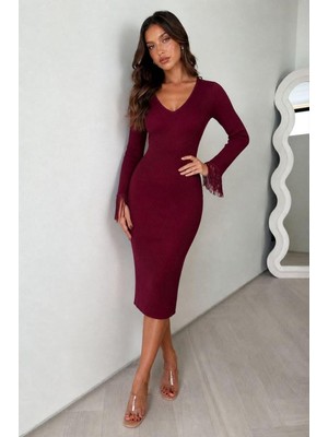 Lior Design Kadın Ince V Yaka Midi Uzun Kollu Abiye Elbise