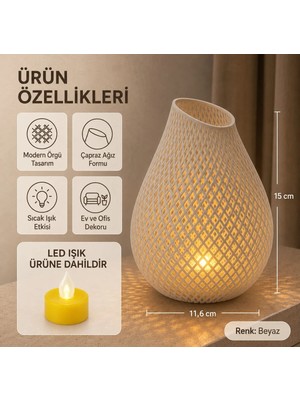 Eb Studio LED Işıklı Örgü Tasarımlı Dekoratif Vazo – LED Mum Dahil Modern Ev ve Ofis Dekoru 15 cm