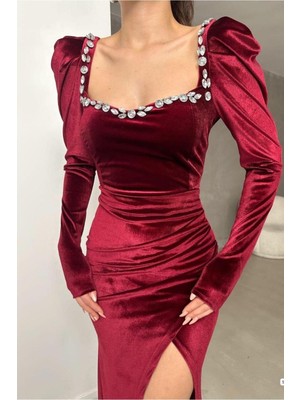 Lior Design Kadın Trend Tasarım Kare Yaka Taş Detaylı Uzun Kollu Abiye Elbise