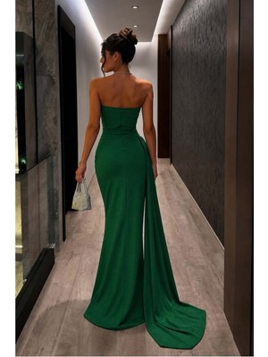 Lior Design Kadın Minimal Dik Yaka Payetli Maxi Uzun Kollu Abiye Elbise