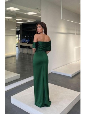 Lior Design Kadın Modern Tasarım Kayık Yaka Yırtmaçlı Maxi Abiye Elbise