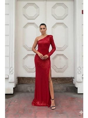 Lior Design Kadın Modern Tasarım Kadife Kumaş Asimetrik Yaka Payetli Uzun Kollu Elbise