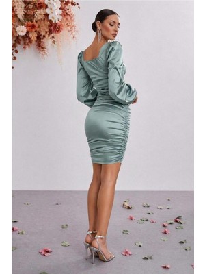 Lior Design Kadın Trend Saten Kumaş Kare Yaka Büzgülü Mini Elbise