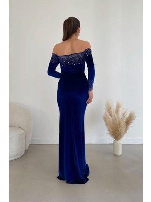 Lior Design Kadın Trend Model Esnek Kadife Kumaş Yırtmaçlı Uzun Kollu Abiye Elbise
