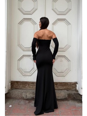 Lior Design Kadın Özgün Tasarım Straplez Taş Detaylı Yırtmaçlı Abiye Elbise