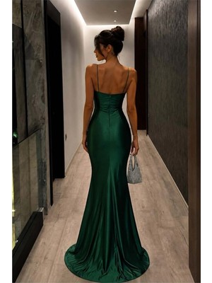 Lior Design Kadın Tasarım Saten Kumaş Kalp Yaka Askılı Abiye Elbise