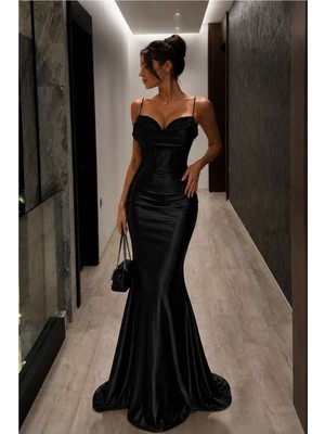 Lior Design Kadın Tasarım Saten Kumaş Kalp Yaka Askılı Abiye Elbise