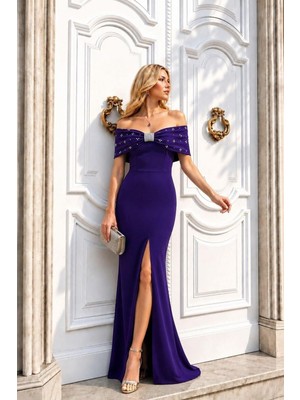 Lior Design Kadın Vintage Kayık Yaka Taş Detaylı Abiye Elbise