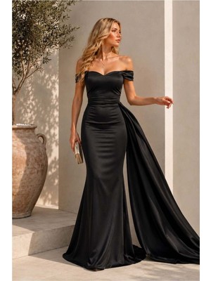Lior Design Kadın Modern Saten Kumaş Kayık Yaka Maxi Abiye Elbise
