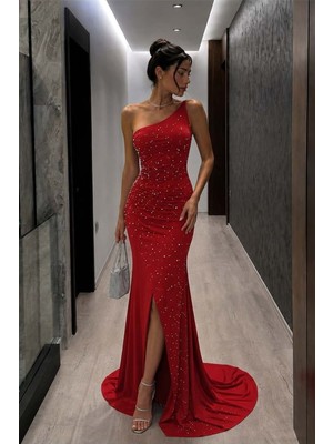 Lior Design Kadın Yeni Sezon Tek Omuz Taş Detaylı Abiye Elbise