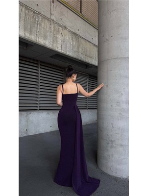Lior Design Kadın Tasarım Kalp Yaka Yırtmaçlı Maxi Askılı Abiye Elbise