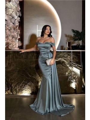 Lior Design Kadın Modern Saten Kumaş Kayık Yaka Maxi Abiye Elbise