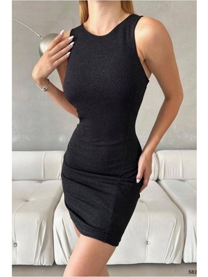 Lior Design Kadın Özgün Tasarım Simli Kumaş Bisiklet Yaka Mini Abiye Elbise
