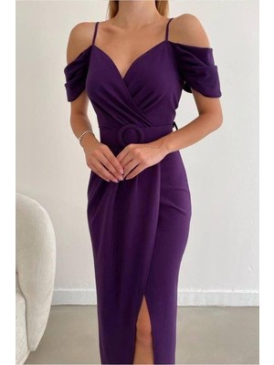 Lior Design Kadın Trend Krep Kumaş V Yaka Yırtmaçlı Abiye Elbise