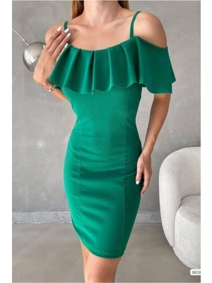 Lior Design Kadın Sade Madonna Yaka Volanlı Abiye Elbise