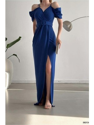 Lior Design Kadın Trend Krep Kumaş V Yaka Yırtmaçlı Abiye Elbise