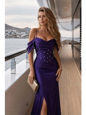 Lior Design Kadın Tasarım Saten Kumaş Carmen Yaka Abiye Elbise