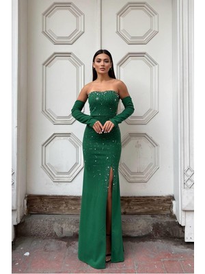 Lior Design Kadın Özgün Tasarım Straplez Taş Detaylı Yırtmaçlı Abiye Elbise