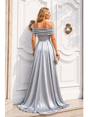 Lior Design Kadın Gösterişli Saten Kumaş Straplez Maxi Abiye Elbise